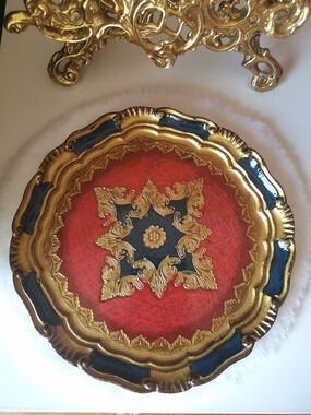 Florence Wooden Gilded Decorative Plate/Tray  with Red Center and Navy Accents